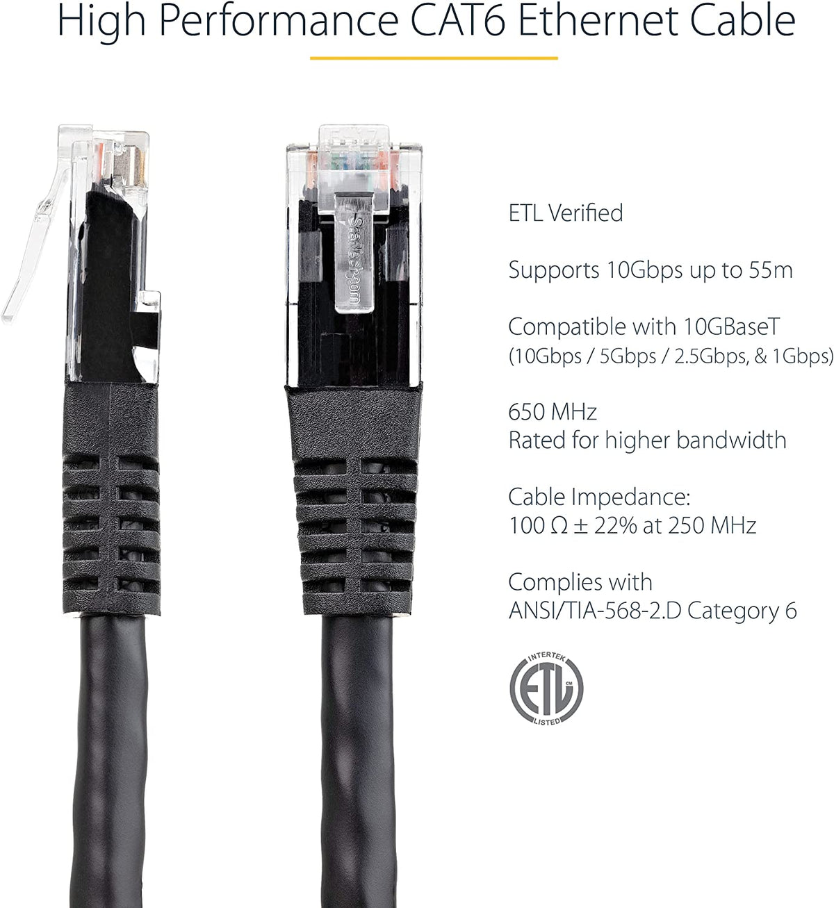 StarTech.com 6 ft. CAT6 Ethernet Cable - 10 Pack - ETL Verified - Black CAT6 Patch Cord - Molded RJ45 Connectors - 24 AWG Copper Wire ? UTP Cable (C6PATCH6BK10PK) Black 6 ft / 1.82 m 10 Pack