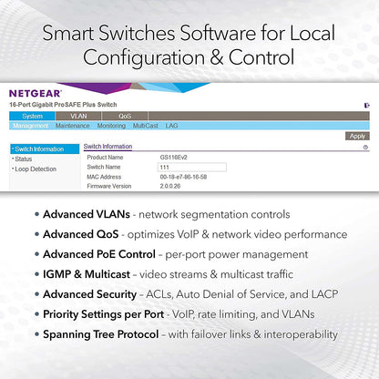NETGEAR 26-Port PoE Gigabit Ethernet Smart Switch (GS324TP) - Managed, with 24 x PoE+ @ 190W, 2 x 1G SFP, Desktop or Rackmount, S350 series 26 port | 24xPoE+ 190W | 2xSFP