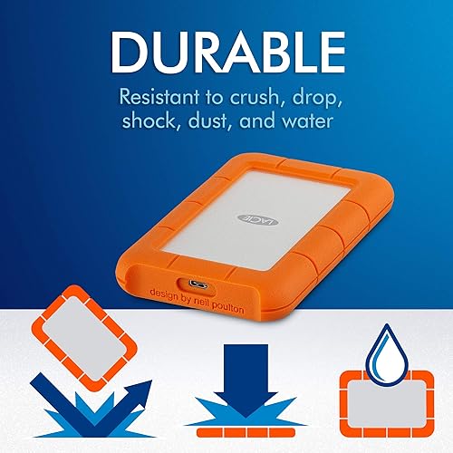 LaCie Rugged Portable External Hard Drive, 2 TB, USB-C, Orange/Silver
