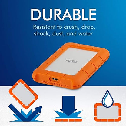 LaCie Rugged Portable External Hard Drive, 2 TB, USB-C, Orange/Silver
