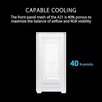 ASUS A21 Micro-ATX Case White Edition Supports Graphics Cards up to 380mm, 360mm Coolers, & Standard ATX PSUs, Porous Front-Panel Mesh, Compatible with New BTF Hidden Connector Technology Mid Tower A21 ASUS CASE/WHT