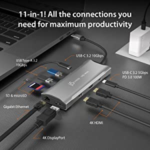Jcreate j5create USB C 4K Triple Display Hub - 4K HDMI x2, 4K DP, 2 USB-A and USB-C 10Gbps, PD 100W, Ethernet, SD 4.0 Card Reader | for XPS, Surface Pro (JCD397)