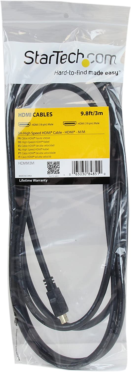 StarTech.com 3m (10ft) HDMI Cable - 4K High Speed HDMI Cable with Ethernet - UHD 4K 30Hz Video - HDMI 1.4 Cable - Ultra HD HDMI Monitors, Projectors, TVs &amp; Displays - Black HDMI Cord - M/M (HDMM3M) 3 meter