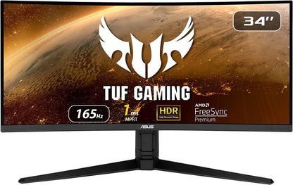 ASUS TUF Gaming VG34VQL1B 34” Curved HDR Monitor, WQHD (3440x1440), 165Hz, 1ms, Extreme Low Motion Blur, FreeSync Premium, Eye Care, DisplayPort HDMI USB, Height Adjustable, DisplayHDR 400, Black