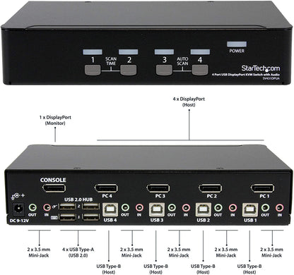 StarTech.com 4 Port DisplayPort KVM Switch - 4K 60Hz - Single Display - Dual Port UHD DP 1.2 USB KVM Switch with Integrated USB 2.0 Hub &amp; Audio - Dell, HP, Apple, Lenovo - TAA Compliant (SV431DPUA2)