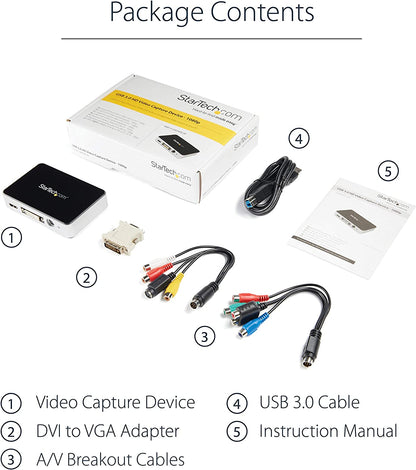 StarTech.com HDMI Video Capture Device - 1080p - 60fps Capture Card - USB Video Recorder - with HDMI DVI VGA (USB3HDCAP) Black