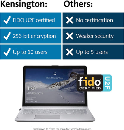Kensington VeriMark USB Fingerprint Key Reader - Windows Hello, FIDO U2F, Anti-Spoofing (K67977WW),Black For Single PC's