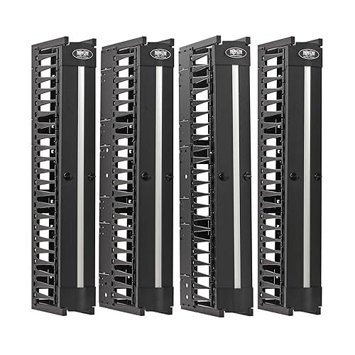 Tripp Lite Vertical Cable Manager, High-Capacity Deep Double Finger Duct, Front-Facing Cover, Four 3.5 feet Tall Sections, 6 inch Wide x 11.4 inch Depth, Black, 5-Year Warranty (SRCABLEVRT6HD2)