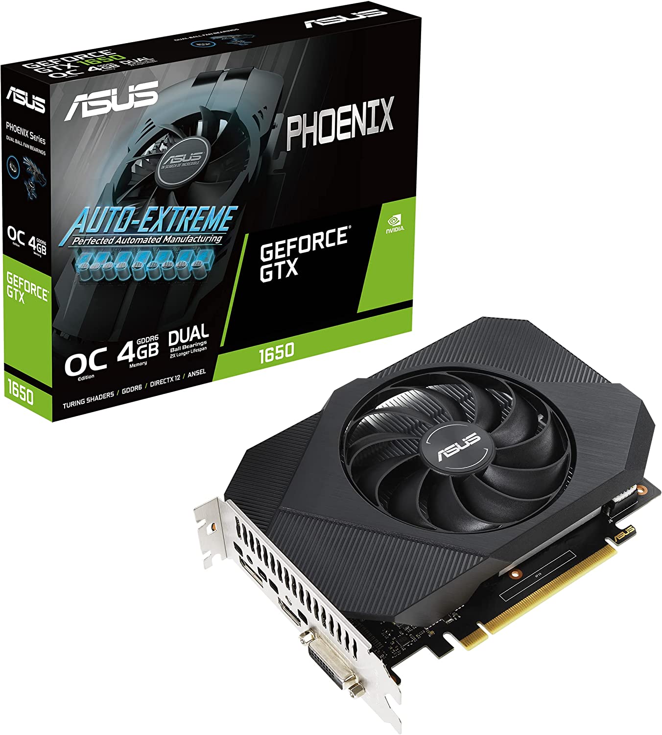 ASUS Phoenix NVIDIA GeForce GTX 1650 OC Edition Gaming Graphics Card (PCIe 3.0, 4GB GDDR6 Memory, HDMI 2.0b, DisplayPort 1.4a, DVI-D, Dual Ball Fan Bearings, Auto-Extreme)