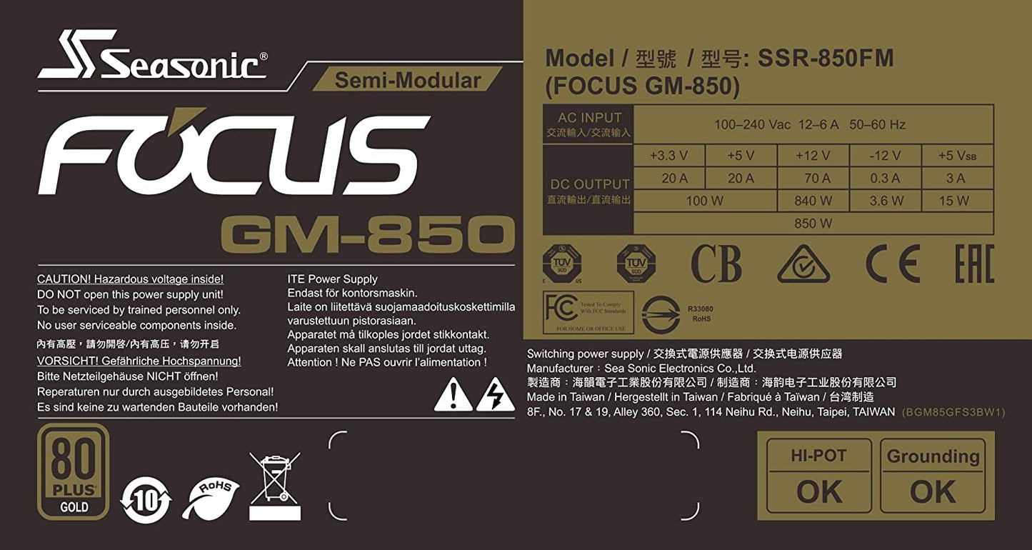 Seasonic Focus SSR-850FM, 850W 80+ Gold, Semi-Modular, Fits All ATX Systems, Fan Control in Silent and Cooling Mode, 7 Year Warranty, Perfect Power Supply for Gaming and Various Application