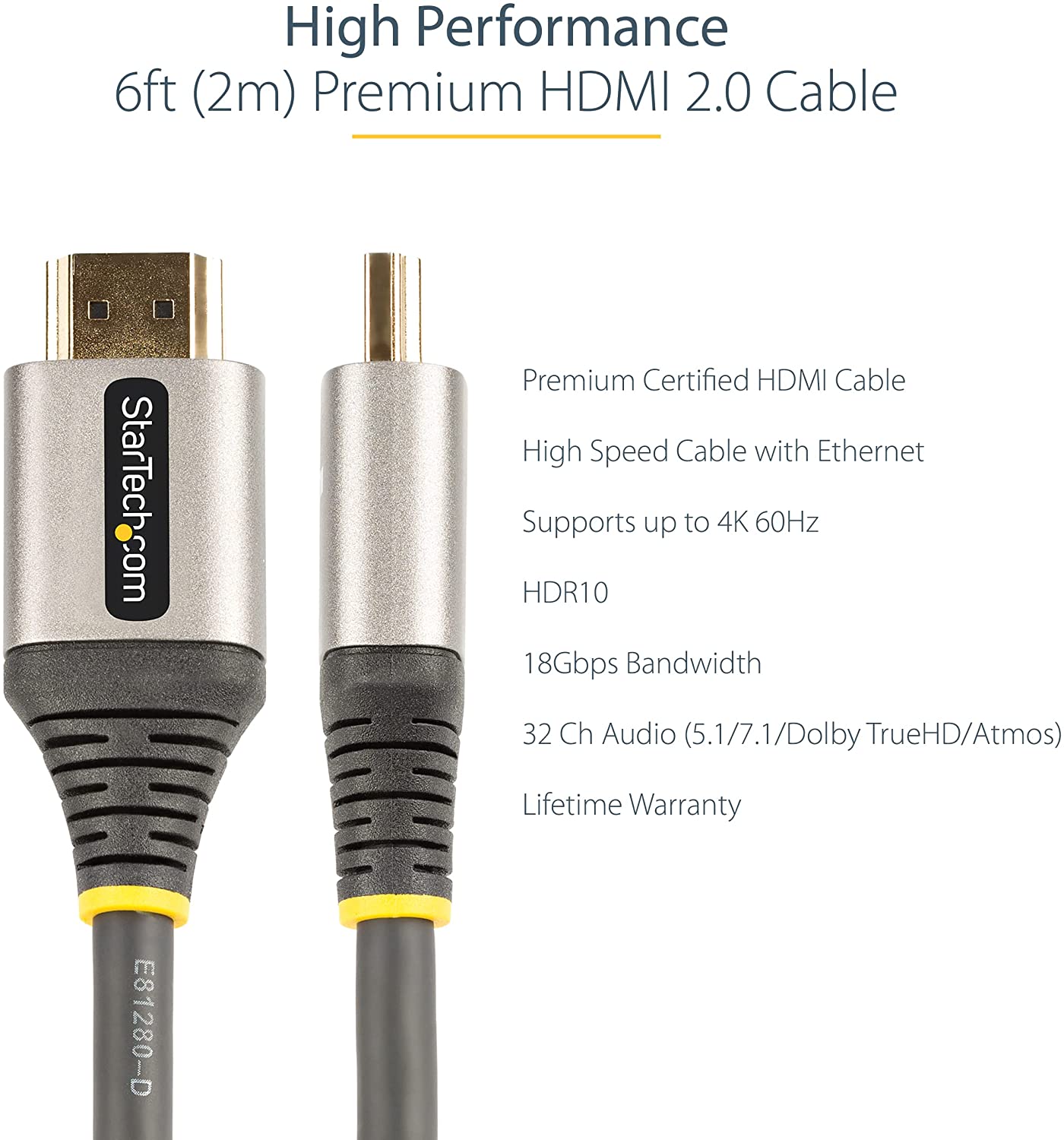 StarTech.com 6ft (2m) Premium Certified HDMI 2.0 Cable - High Speed Ultra HD 4K 60Hz HDMI Cable with Ethernet - HDR10, ARC - UHD HDMI Video Cord - for UHD Monitors, TVs, Displays - M/M (HDMMV2M) 6.6 ft / 2 m