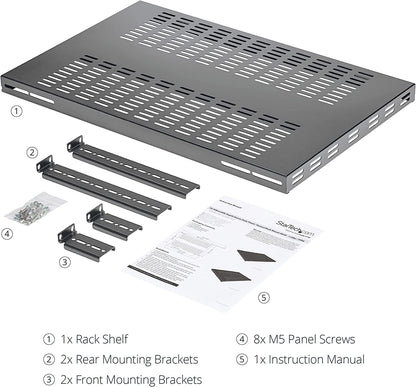 StarTech.com 1U Adjustable Vented Server Rack Mount Shelf - 250lbs - 19.5 to 38in Adjustable Mounting Depth Universal Tray for 19" AV/ Network Equipment Rack - 27.5in Deep (ADJSHELFHDV) 250 lbs | Vented Shelf