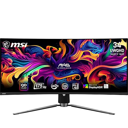 MSI MPG 341CQPX QD-OLED 34-inch Curved OLED Gaming Monitor, 3440 x 1440 (UWQHD), 0.03ms Response time, 240Hz, True Black HDR 400, HDMI, DP Port, USB Type C, Tilt, Height Adjustable