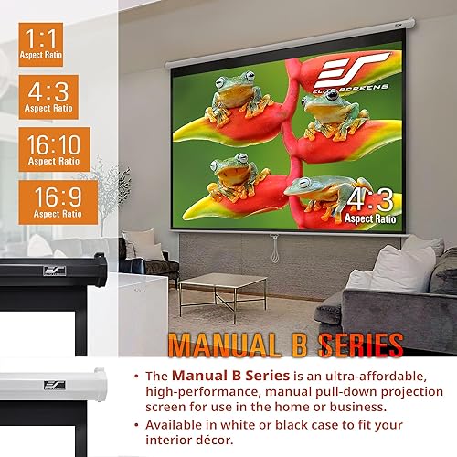 Elitescreens Manual B Series, 100-inch Diagonal 1:1, Pull Down Projection Manual Projector Screen with Auto Lock, M100S White 1:1, 100-inch