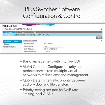 NETGEAR 8-Port Gigabit Ethernet Plus Switch (GS108Ev3) - Desktop, and ProSAFE Limited Lifetime Protection Plus 8 port