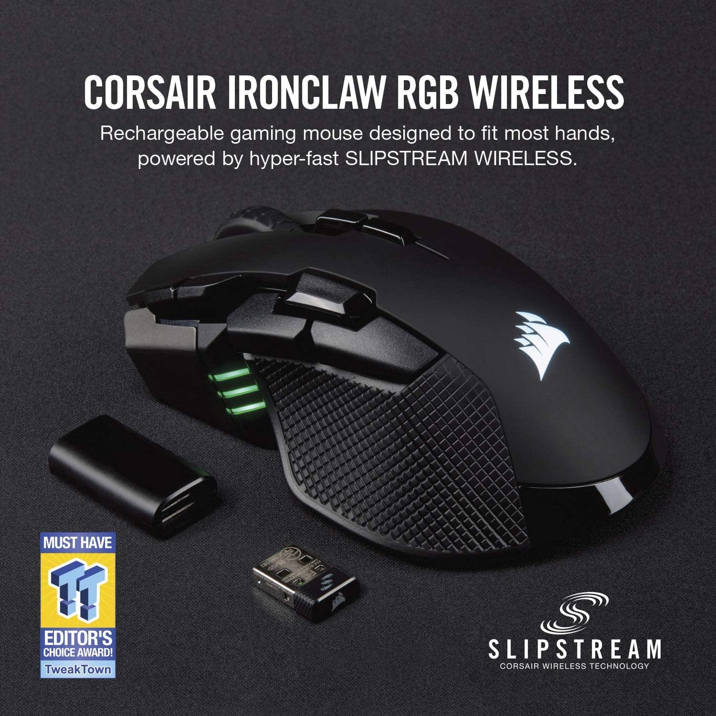 Corsair Ironclaw Wireless RGB - FPS and MOBA Gaming Mouse - 18,000 DPI Optical Sensor - Sub-1 ms SLIPSTREAM Wireless Wireless Mouse