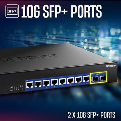 TRENDnet 10-Port 10G Unmanaged Switch, TEG-S7102, 8 x 10G RJ-45 Ports, 2 x 10G SFP+ Ports, 200Gbps Switching Capacity, Rackmount Design, Lifetime Protection, Black