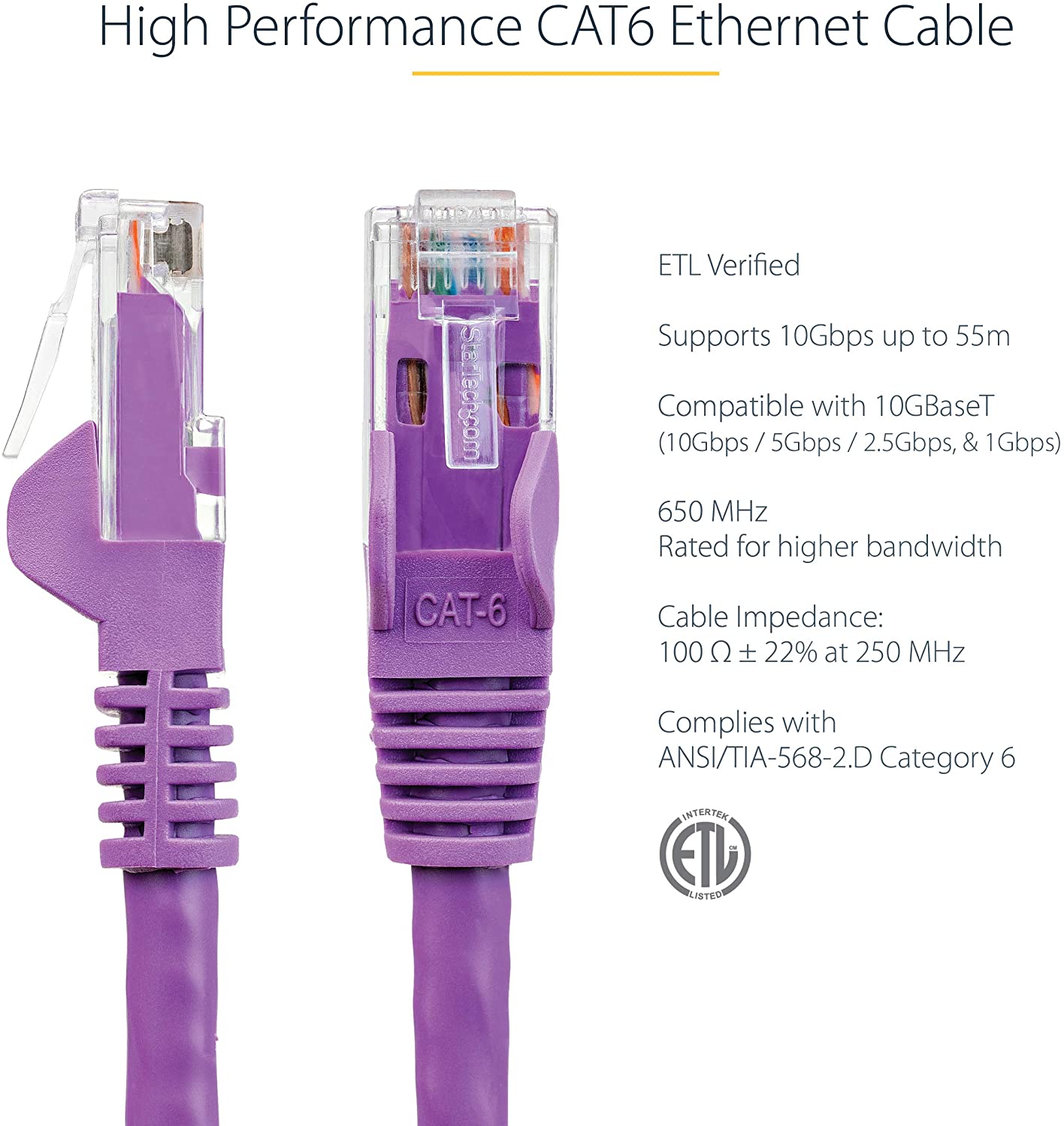 StarTech.com 50ft CAT6 Ethernet Cable - Purple CAT 6 Gigabit Ethernet Wire -650MHz 100W PoE++ RJ45 UTP Category 6 Network/Patch Cord Snagless Fluke Tested UL/TIA Certified (N6PATCH50PL) Purple 50 ft / 15 m 1 Pack
