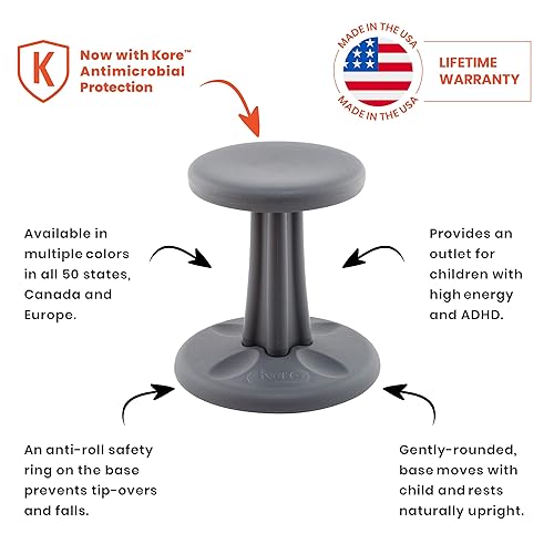 Kore Patented WOBBLE Chair, Made in the USA, Active Sitting for Toddler, Pre-School, Kids, and Teens; Kids don't have to sit still anymore -"The BEST seat in any Classroom"! - Grey - Teen (18in) Grey Pre-Teen (18in tall)