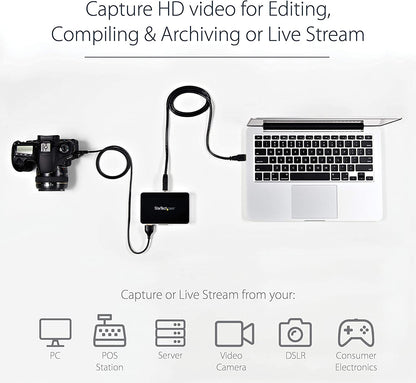 StarTech.com HDMI Video Capture Device - 1080p - 60fps Capture Card - USB Video Recorder - with HDMI DVI VGA (USB3HDCAP) Black