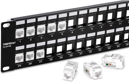 TRENDnet 48-Port Blank Keystone 2U HD Patch Panel, TC-KP48, 2U 19” Metal Rackmount Housing, HD Keystone Network Patch Panel, Recommended w/TC-K25C6 &amp; TC-K50C6 Cat6 Keystone Jacks (Sold Separately)