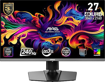 MSI MAG 272UP QD-OLED X24 26.5-inch 3840 x 2160 (UHD) Gaming Monitor, 240Hz, AMD Adaptive-Sync, HDR Ready, HDMI, VGA Port,VESA Mountable, Tilt, 4-Side Slim Bezel, 0.03ms, Black