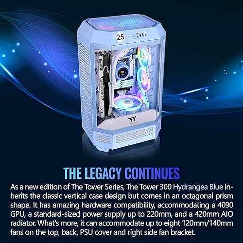 Thermaltake Tower 300 Hydrangea Blue Micro-ATX Case; 2x140mm CT Fan Included; Support Up to 420mm Radiator; Optional Chassis Stand Kit Allows Horizontal Display; CA-1Y4-00SFWN-00; 3 Year Warranty Tower 300 Case Hydrangea Blue