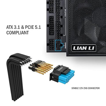 Lian Li Edge Series-1300W Full Modular Power Supply-80 PLUS Platinum-ATX 3.0, 3.1-PCIE 5.1-L-Shape Design for Dual Chamber Case-120mm FDB Fan-Supports up to 4X USB Devices-Black (EG1300BE.US)