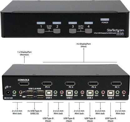 StarTech.com 4 Port DisplayPort KVM Switch - 4K 60Hz - Single Display - Dual Port UHD DP 1.2 USB KVM Switch with Integrated USB 2.0 Hub &amp; Audio - Dell, HP, Apple, Lenovo - TAA Compliant (SV431DPUA2)