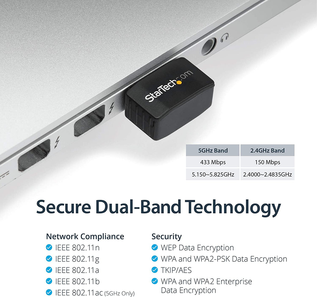 StarTech.com Wireless USB WiFi Adapter – Dual Band AC600 Wireless Dongle - 2.4GHz / 5GHz - 802.11ac Wi-Fi Laptop Adapter (USB433ACD1X1)