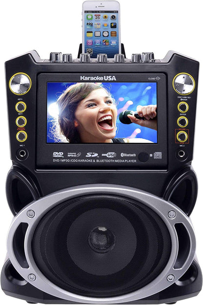 Karaoke USA GF844 Complete Karaoke System with 2 Microphones, Remote Control, 7” Color Screen, LED Lights - Works with DVD, Bluetooth, CD, MP3 and All Devices