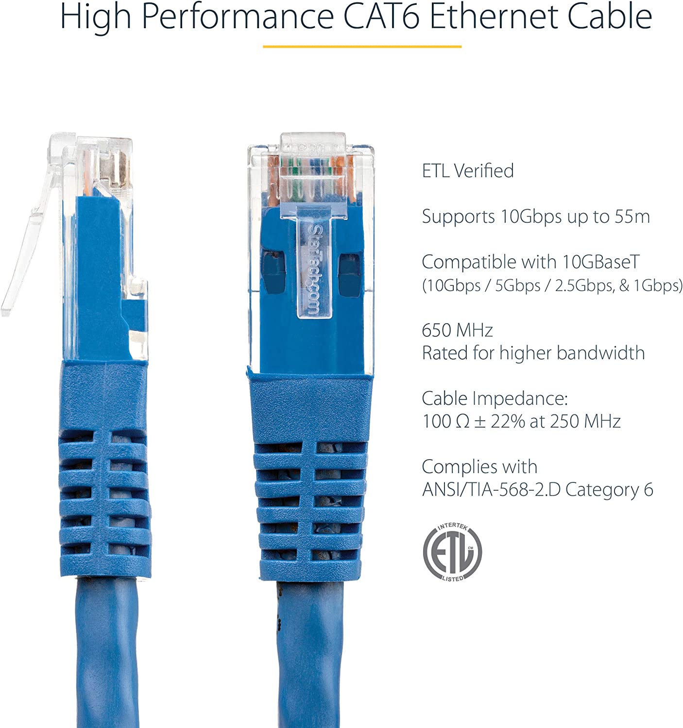 StarTech.com 8ft CAT6 Ethernet Cable - Blue CAT 6 Gigabit Ethernet Wire -650MHz 100W PoE++ RJ45 UTP Molded Category 6 Network/Patch Cord w/Strain Relief/Fluke Tested UL/TIA Certified (C6PATCH8BL) Blue 8 ft / 2.4 m 1 Pack