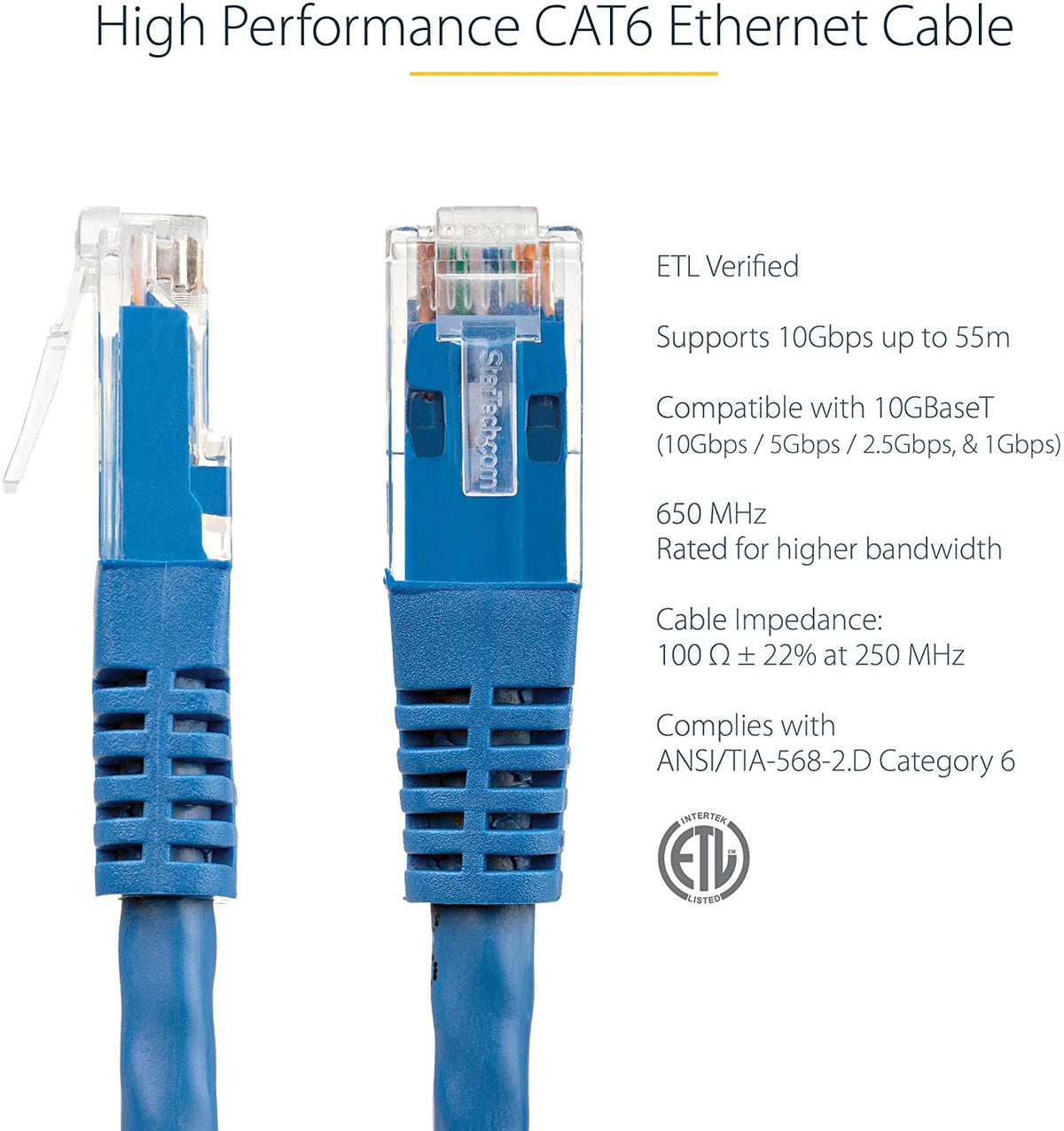 StarTech.com 75ft CAT6 Ethernet Cable - Blue CAT 6 Gigabit Ethernet Wire -650MHz 100W PoE++ RJ45 UTP Molded Category 6 Network/Patch Cord w/Strain Relief/Fluke Tested UL/TIA Certified (C6PATCH75BL) Blue 75 ft / 22.8 m 1 Pack