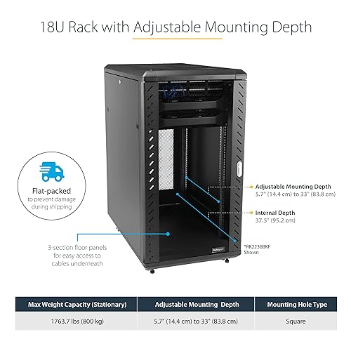 StarTech.com 4-Post 18U Server Rack Cabinet, 19 Data Rack Cabinet for IT / Network Equipment, with Adjustable Mounting Rails 18U Cabinet