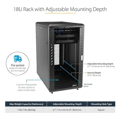 StarTech.com 4-Post 18U Server Rack Cabinet, 19 Data Rack Cabinet for IT / Network Equipment, with Adjustable Mounting Rails 18U Cabinet
