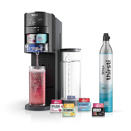 Ninja Thirsti Drink System (Black), Sparkling and Still Water, 6-oz. to 24-oz Sizes, Includes 60L CO2 Cylinder & Flavoured Water Drops. WC1001C (Canadian Version)