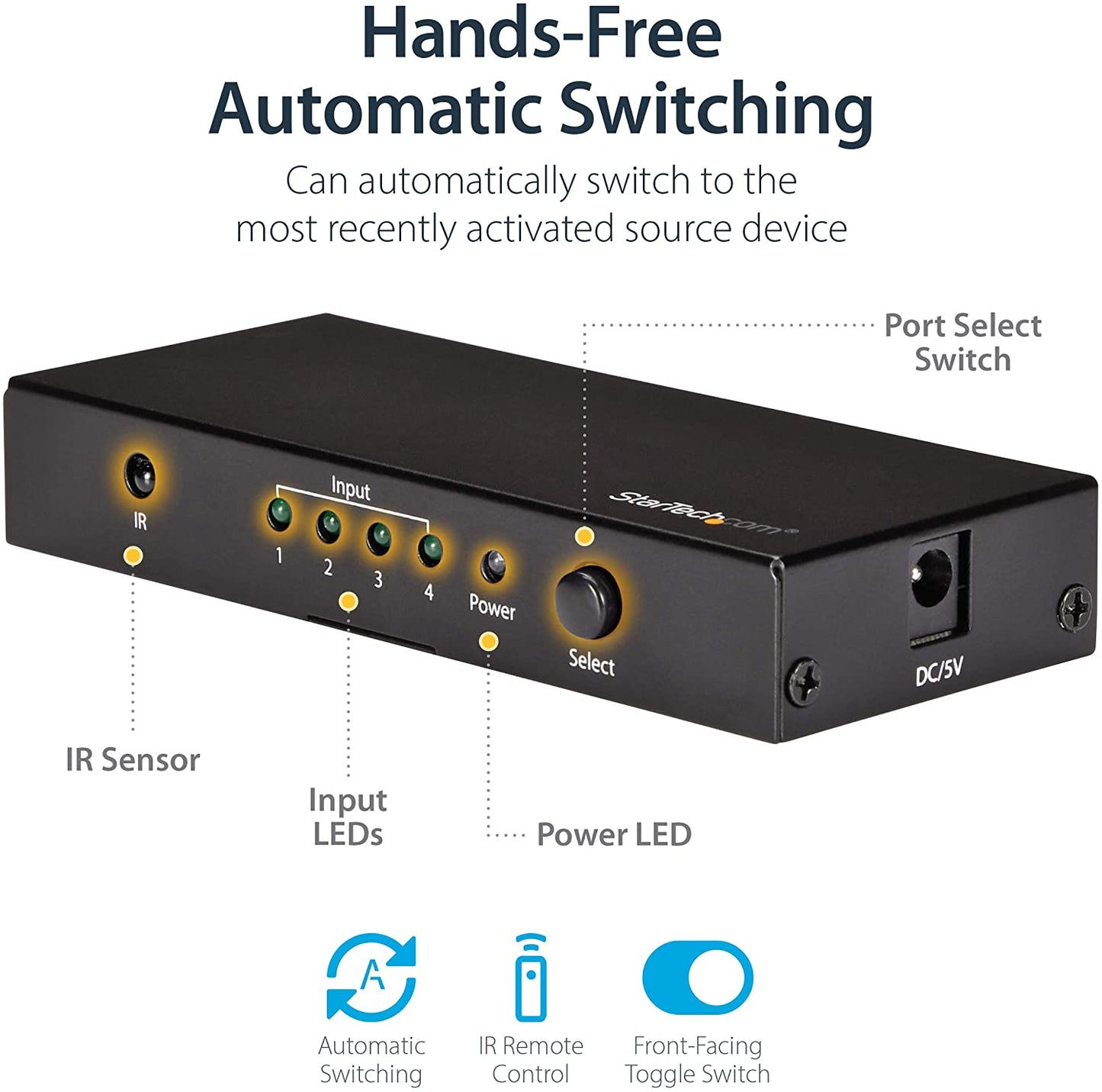 StarTech.com HDMI 2.0 Switch - 4 Port - 4K 60Hz - HDMI Automatic Video Switch Box - Multi Port Hub w/ 1 In 4 Out Functionality (VS421HD20)