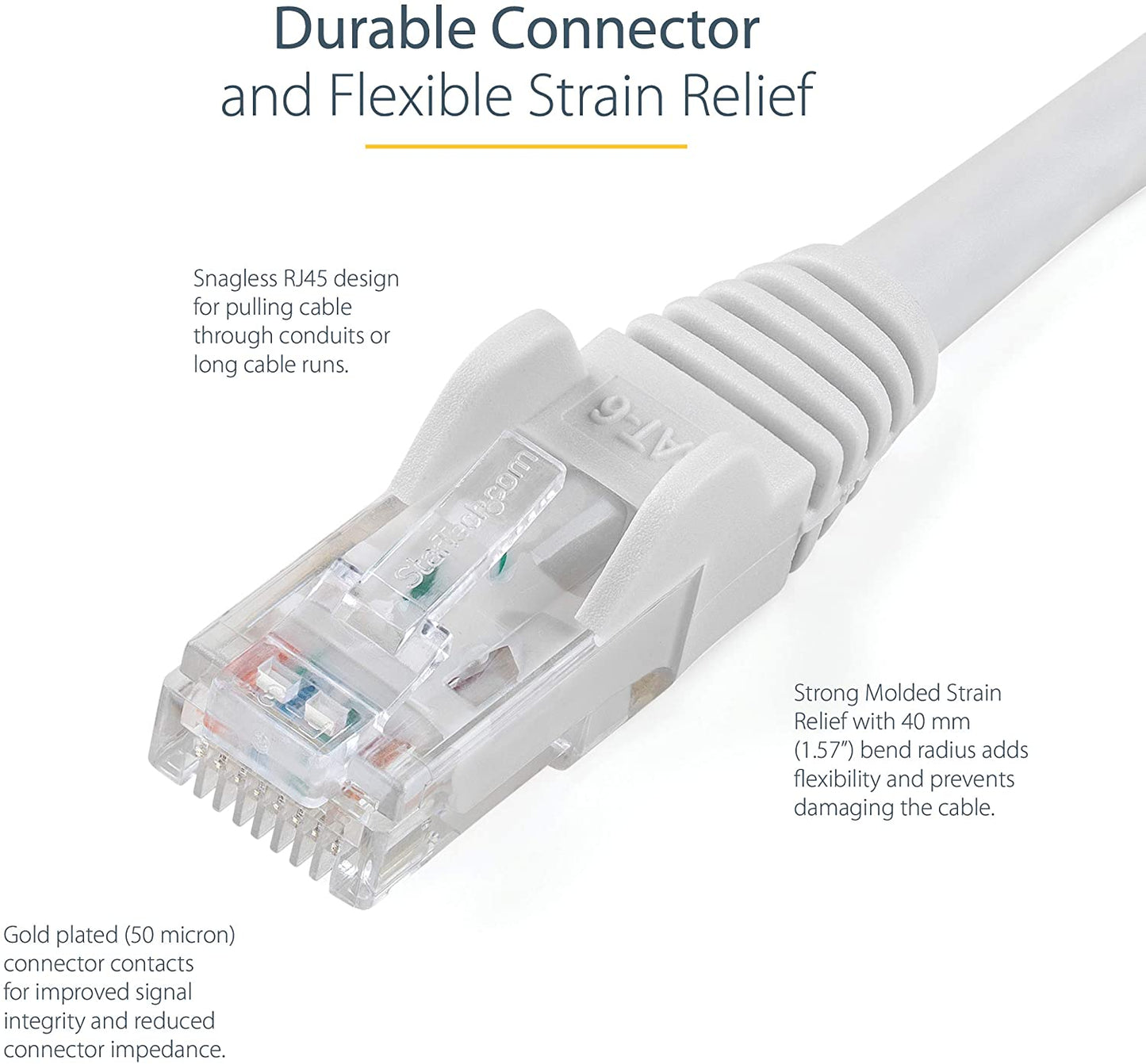 StarTech.com 10ft CAT6 Ethernet Cable - White CAT 6 Gigabit Ethernet Wire - 650MHz 100W PoE RJ45 UTP Network/Patch Cord Snagless w/Strain Relief Fluke Tested/Wiring is UL Certified/TIA (N6PATCH10WH) White 10 ft / 3m 1 Pack