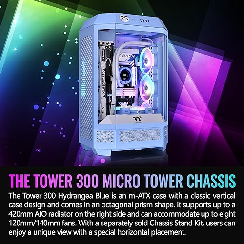 Thermaltake Tower 300 Hydrangea Blue Micro-ATX Case; 2x140mm CT Fan Included; Support Up to 420mm Radiator; Optional Chassis Stand Kit Allows Horizontal Display; CA-1Y4-00SFWN-00; 3 Year Warranty Tower 300 Case Hydrangea Blue