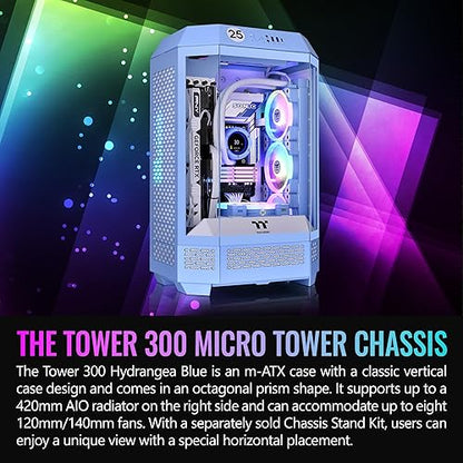 Thermaltake Tower 300 Hydrangea Blue Micro-ATX Case; 2x140mm CT Fan Included; Support Up to 420mm Radiator; Optional Chassis Stand Kit Allows Horizontal Display; CA-1Y4-00SFWN-00; 3 Year Warranty Tower 300 Case Hydrangea Blue