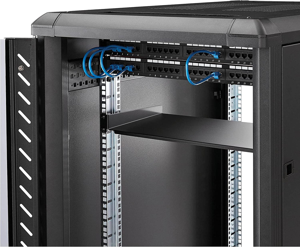 StarTech.com 1U Fixed Server Rack Mount Shelf - 10in Deep Steel Universal Cantilever Tray For 19" AV/ Network Equipment Rack - Heavy Duty Steel - Weight Capacity 44lbs/20kg, Black (CABSHELF1U10) 10" Depth 1U Rack Shelf