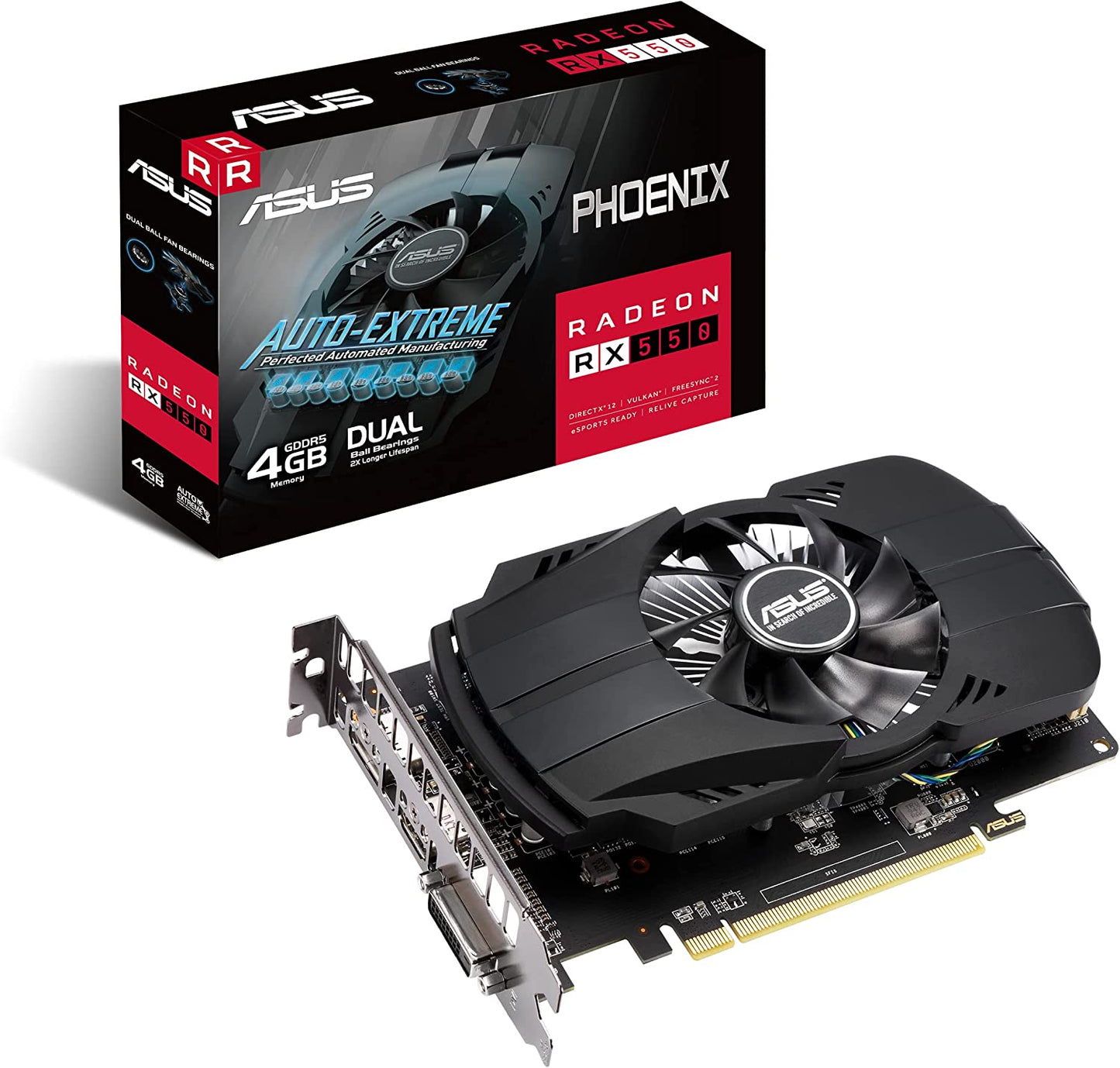 ASUS Phoenix AMD Radeon RX 550 Graphics Card (PCIe 3.0, 4GB GDDR5 Memory, HDMI, DisplayPort, DVI-D, FreeSync, IP5X Dust Resistant, Dual Ball Fan Bearings, Auto-Extreme, Compact Design)
