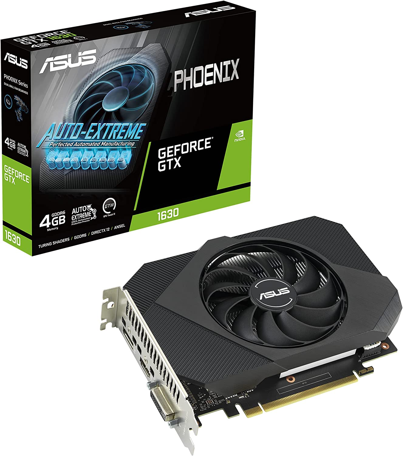 ASUS Phoenix NVIDIA GeForce GTX 1630 Gaming Graphics Card (PCIe 3.0, 4GB GDDR6 Memory, HDMI 2.0, DisplayPort 1.4a, DVI-D, Axial-tech Fan Design, Dual Ball Fan Bearings, Auto-Extreme)
