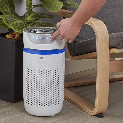 HoMedics TotalClean Tower Air Purifier HEPA Filter 4-in-1 Purifying with Ionizer, Carbon Odor Filter for Small Rooms, Home Office, White