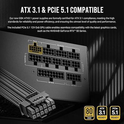 ANTEC GSK750 V2 ATX3.1, 750W Full Modular PSU, 80 Plus Gold Certified, PCIE 5.1 Support, PhaseWave Design, Zero RPM Manager, 120mm Silent Fan, 10-Year Warranty, Braised Cable