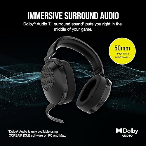 CORSAIR HS65 WIRELESS Multiplatform Gaming Headset with Bluetooth - Dolby Audio 7.1 - Omni-Directional Microphone - iCUE Compatible - PC, Mac, PS5, PS4, Mobile - Carbon