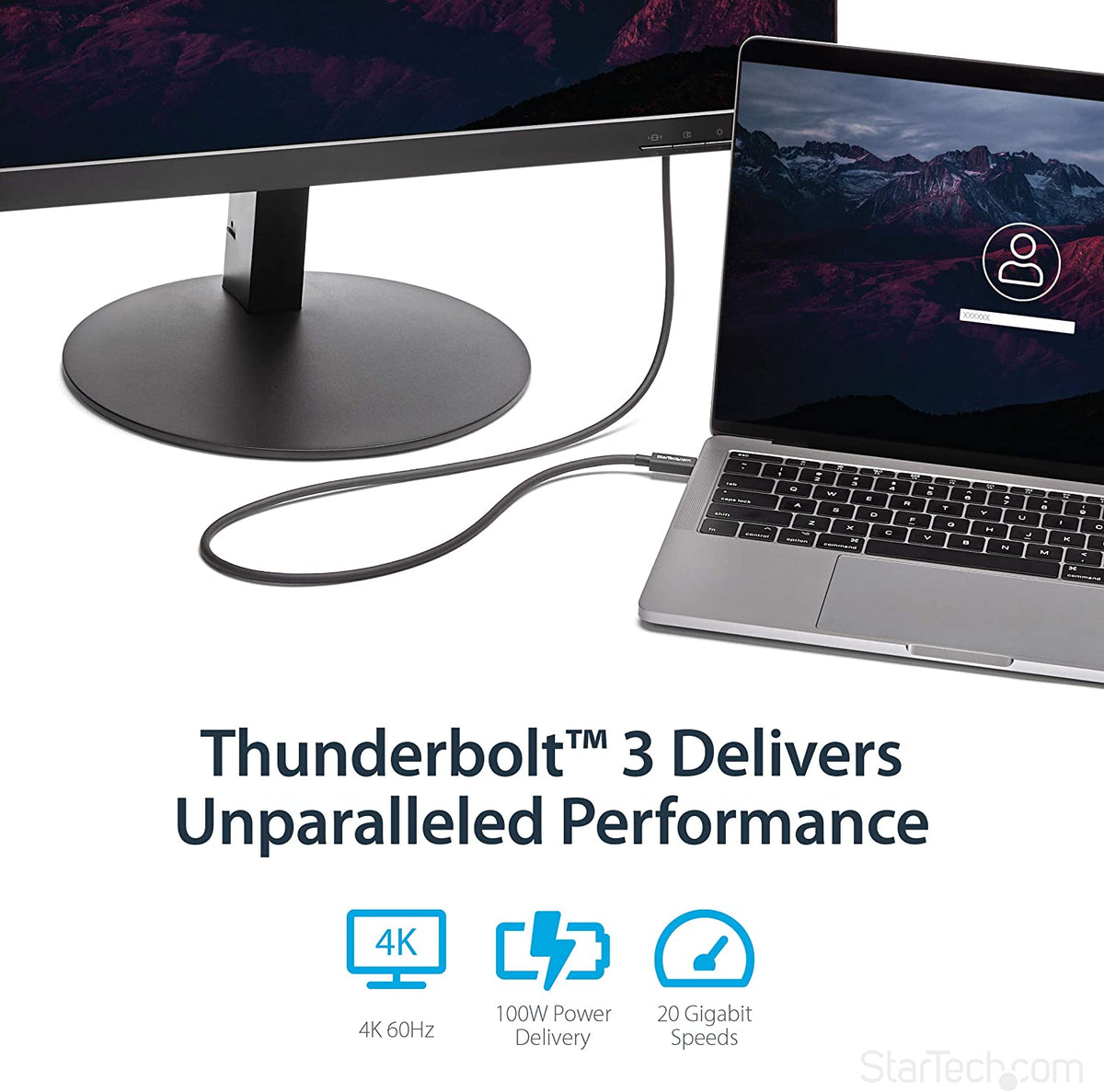 StarTech.com 20Gbps Thunderbolt 3 Cable - 3.3ft/1m - Black - 4k 60Hz - Certified TB3 USB-C to USB-C Charger Cord w/ 100W Power Delivery (TBLT3MM1M), Black 3ft 20Gbps | Black