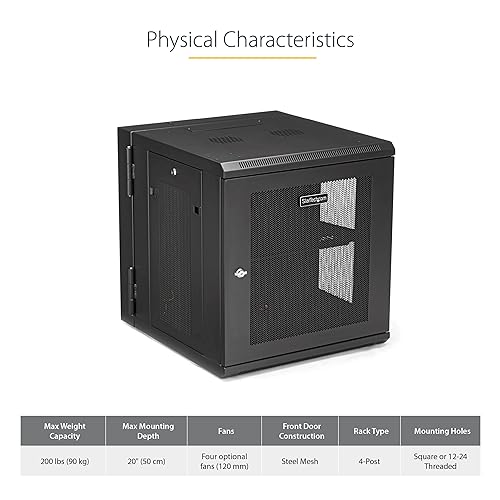 StarTech.com 4-Post 12U Wall Mount Network Cabinet w/ 1U Shelf, 19 Wall-Mounted Server Rack for IT / Data Computer Equipment 12U| 20 Depth Cabinet