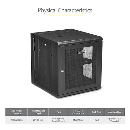 StarTech.com 4-Post 12U Wall Mount Network Cabinet w/ 1U Shelf, 19 Wall-Mounted Server Rack for IT / Data Computer Equipment 12U| 20 Depth Cabinet