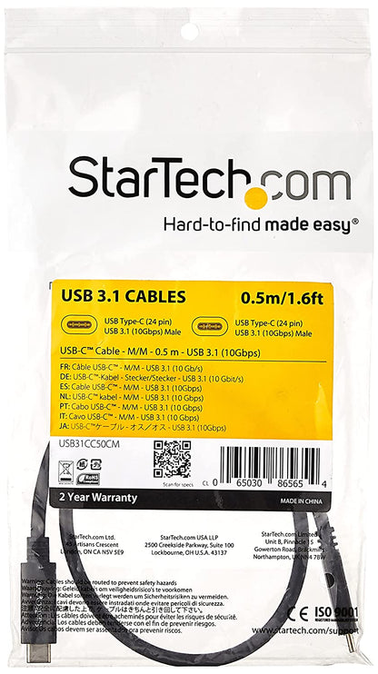 StarTech.com USB C to UCB C Cable - 0.5m - Short - M/M - USB 3.1 (10Gbps) - USB C Charging Cable - USB Type C Cable - USB-C to USB-C Cable (USB31CC50CM) USB 3.0 - C to C 50 cm / 20 in